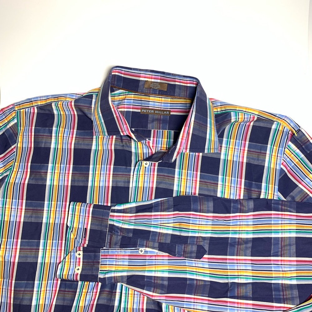 Peter Millar Striped Button Front Shirt Sz L Plaid